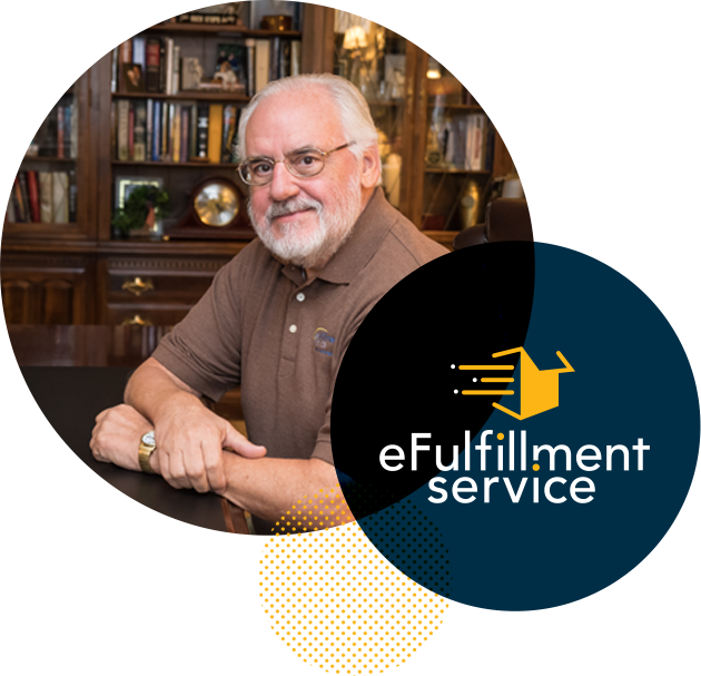 president and logo eFulfillment logo and photo of company President John Lindberg in a wood room with bookshelf backdrop