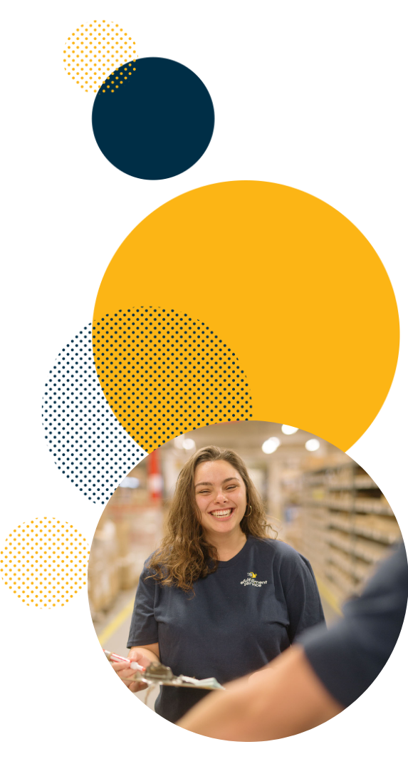 Efulfillment Service Employee Female Smiling With Clipboard and 5 Dots