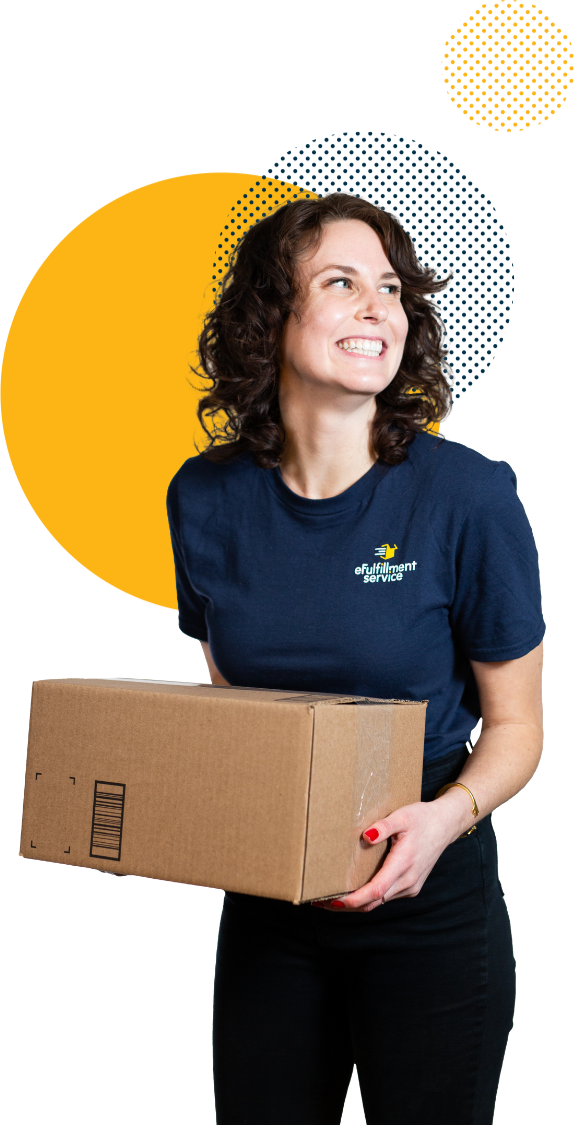 eFulfillment Service Employee Smiling With Box and 3 Dots