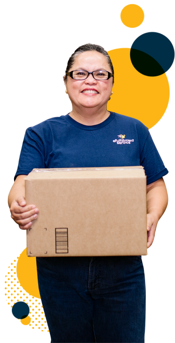 Efulfillment Service Employee Female With Box Dots Upper Right Lower Left