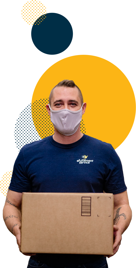 Masked Male Employee with Box and Dots | Efulfillment Service Male Masked Employee with Box and Dots