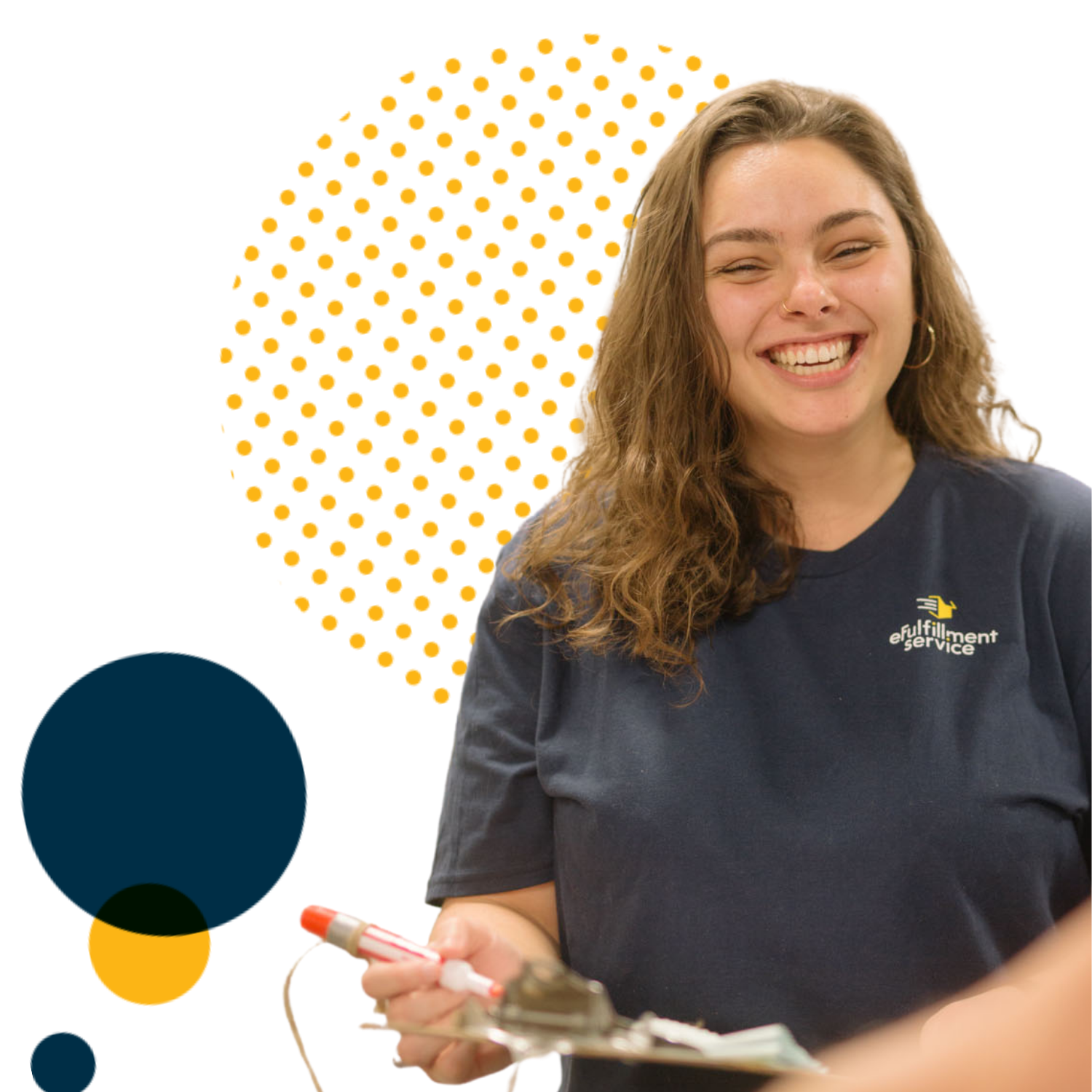 Efulfillment Service Employee Smiling With Clipboard and Large Dots