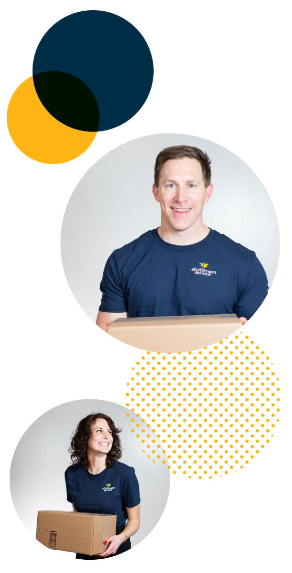 eFulfillment Service Double Photos Employee Smiling Holding Boxes Dots Upper Left