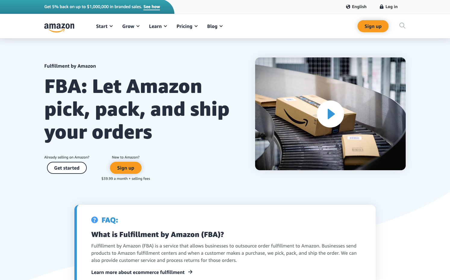 Fulfillment by Amazon home page in list of 21 Best Order Fulfillment Companies