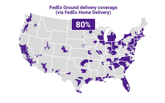 FedEx Ground delivery coverage for Sunday reaches 80% of the population.