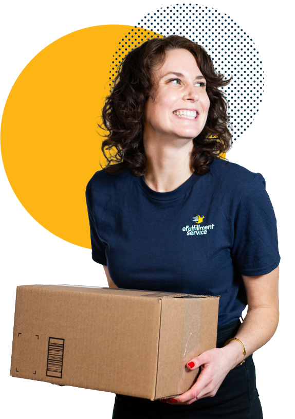 eFulfillment Service Employee Smiling With Box and 3 Dots