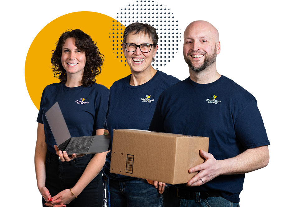 Home Page Hero Image 2 eFulfillment Service Three Employee Cutout With Boxes Laptop