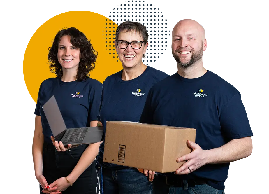 image of 3 warehouse workers in blue shirts.