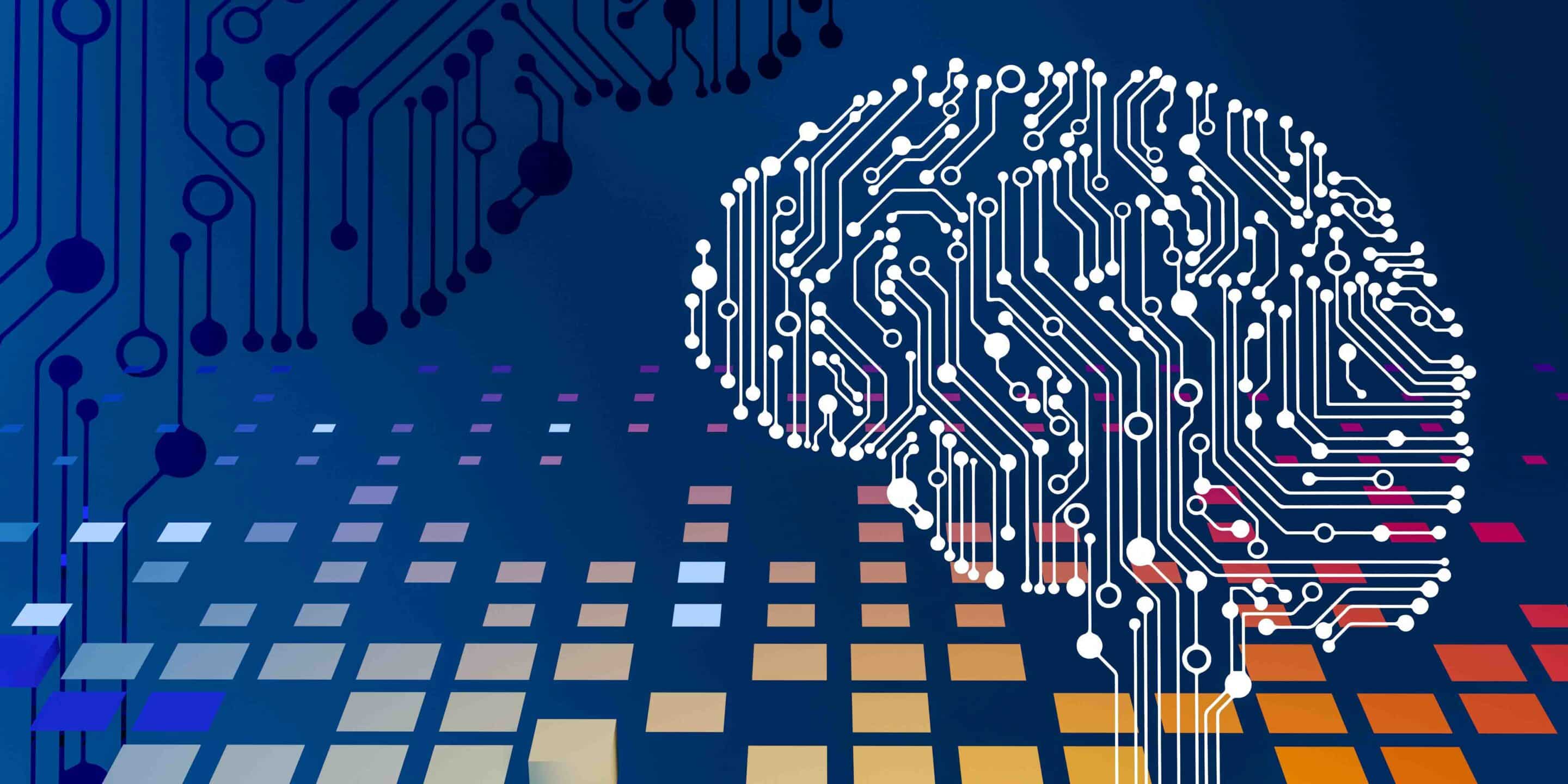 Digital illustration of a human brain formed with electronic circuit patterns on a blue background, symbolizing artificial intelligence and machine learning concepts.