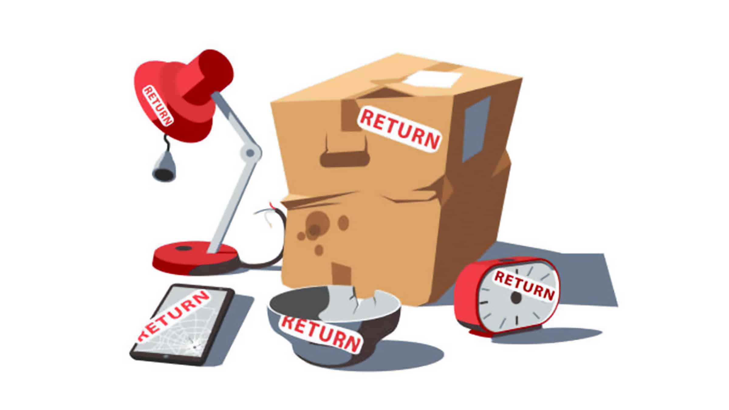 Graphic of Damaged Goods, boxes, a lamp, a clock