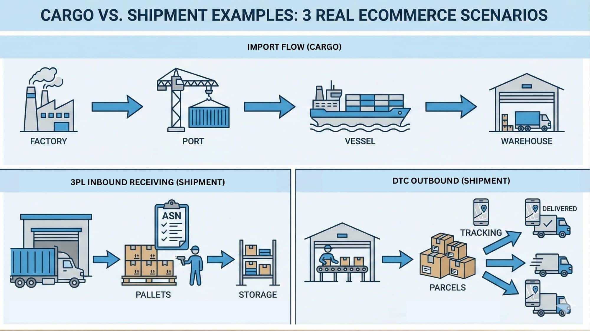 Three-panel diagram showing import container flow, 3PL inbound receiving, and DTC outbound parcels
