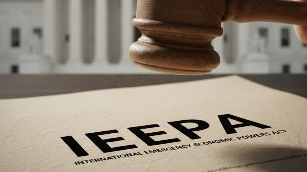 Judge's gavel striking IEEPA document representing February 20 2026 Supreme Court ruling invalidating emergency tariffs