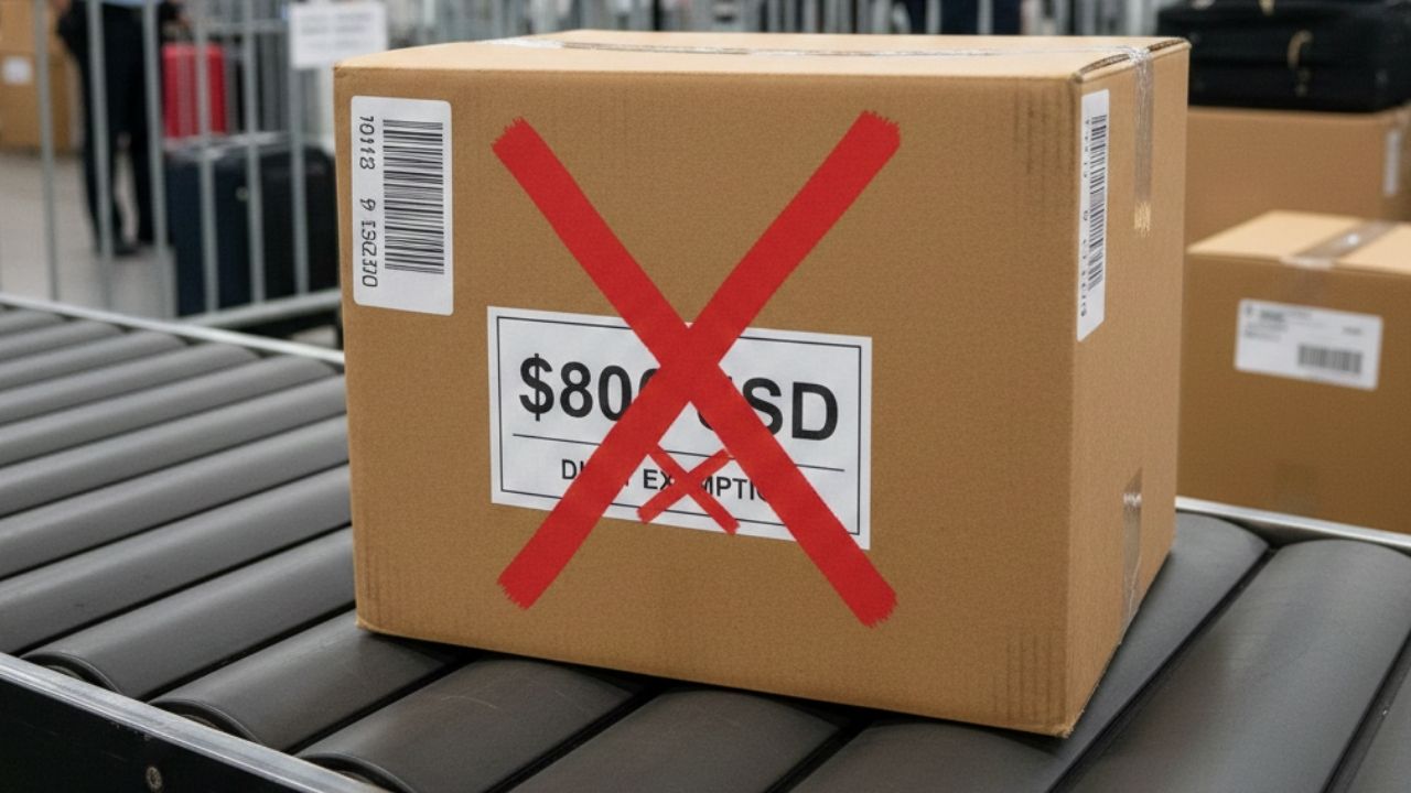 Shopping cart with $800 price tag crossed out representing permanent suspension of U.S. de minimis duty-free exemption