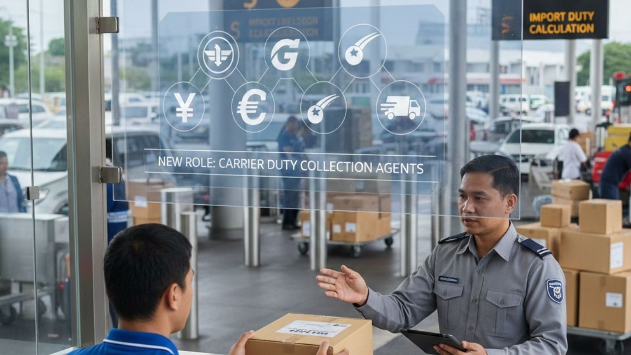 Courier handing package to customs officer representing 2026 Qualified Party duty collection system for postal imports