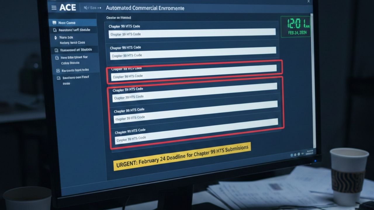 CBP Automated Commercial Environment screen showing new Chapter 99 HTS codes required after February 24 2026