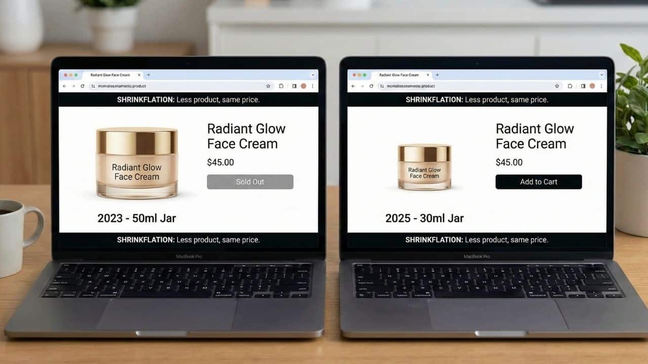Two laptops side-by-side on a wooden desk demonstrating shrinkflation through a skincare product website. The left laptop shows a 2023 version of 'Radiant Glow Face Cream' in a 50ml jar for $45.00. The right laptop shows a 2025 version of the same cream in a noticeably smaller 30ml jar, also priced at $45.00. Banners on the screens read: 'SHRINKFLATION: Less product, same price.