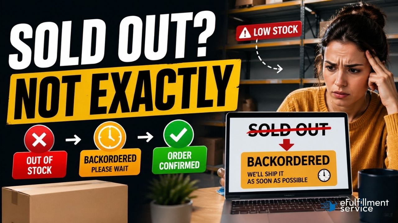A confused shopper looks at a laptop showing “Backordered” after “Sold Out,” with empty shelves in the background and icons indicating out of stock, waiting, and order confirmed.