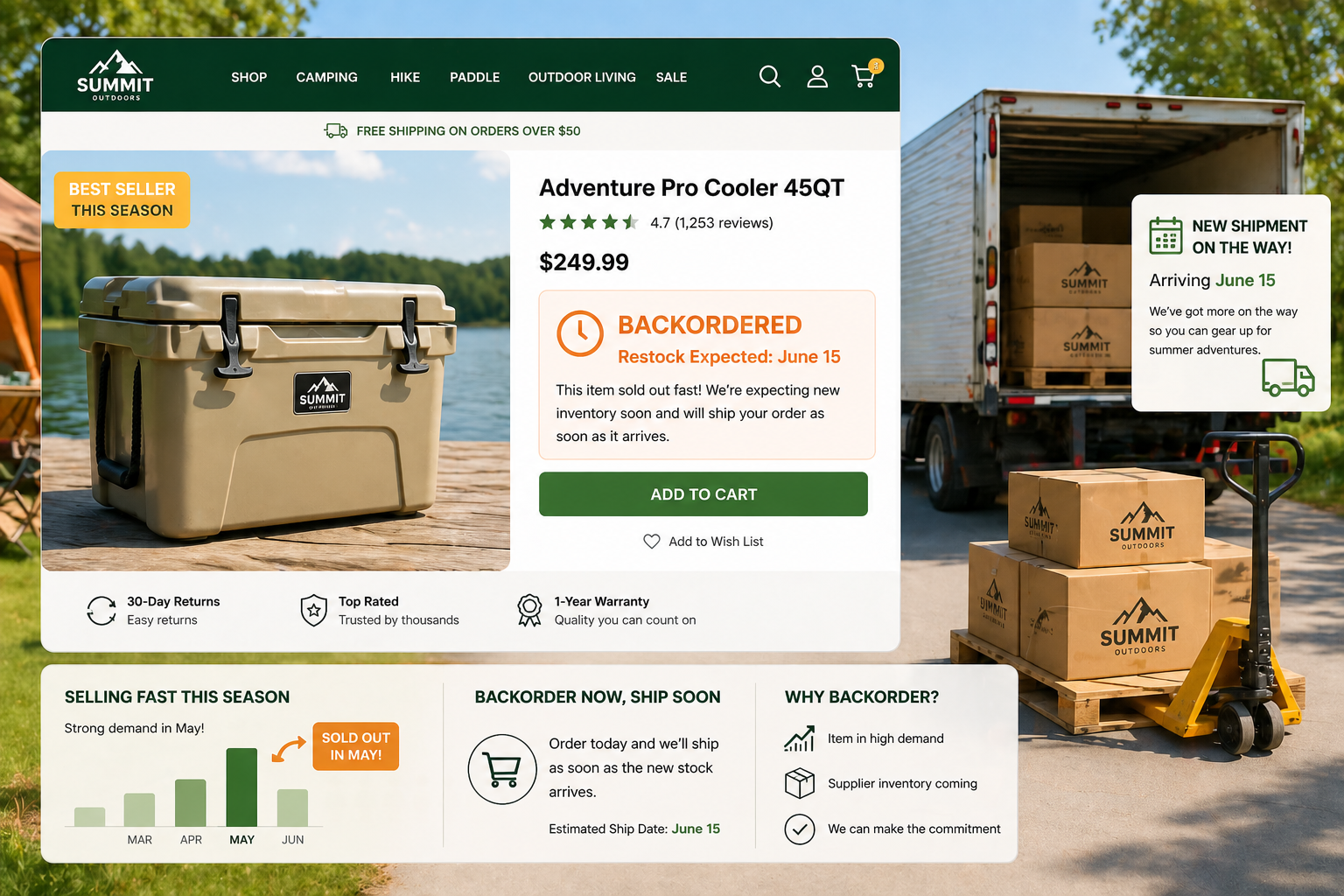 Illustration of a seasonal summer product selling out early and remaining available on backorder while new supplier inventory is shipped for June restock.