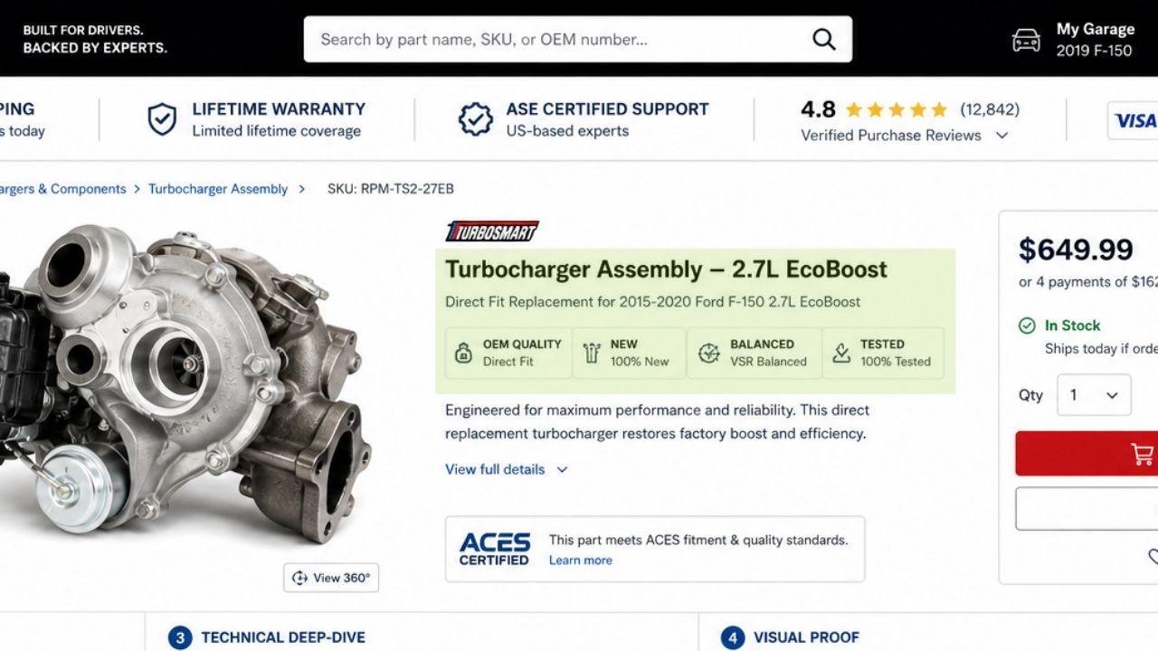 Auto parts product page header with price reviews shipping warranty badges and turbocharger product overview for Ford F-150 EcoBoost