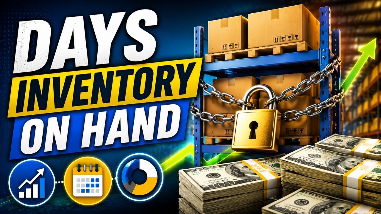 Days Inventory on Hand illustration showing warehouse shelves full of inventory locked with chains and a padlock beside stacks of cash, representing eCommerce inventory management, cash flow, and stock optimization.