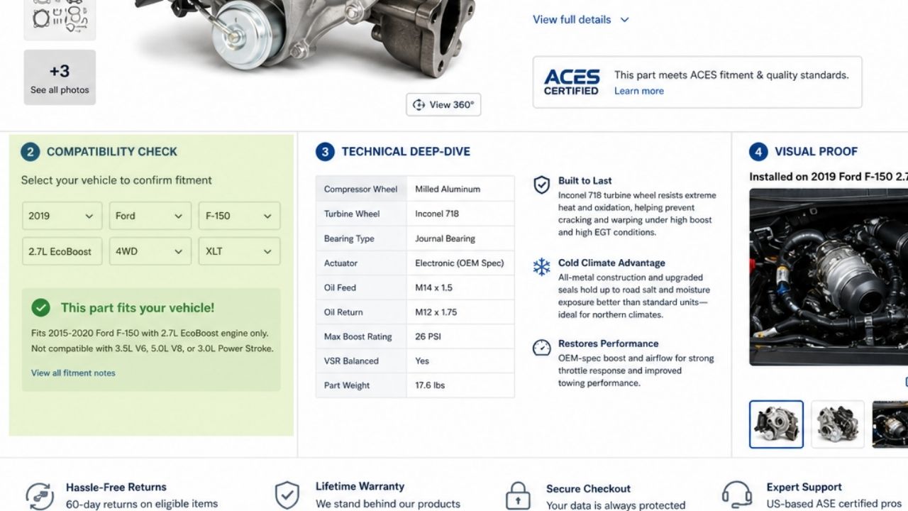 Automotive ecommerce product page with vehicle compatibility selector for year make model engine and drivetrain plus detailed specifications table