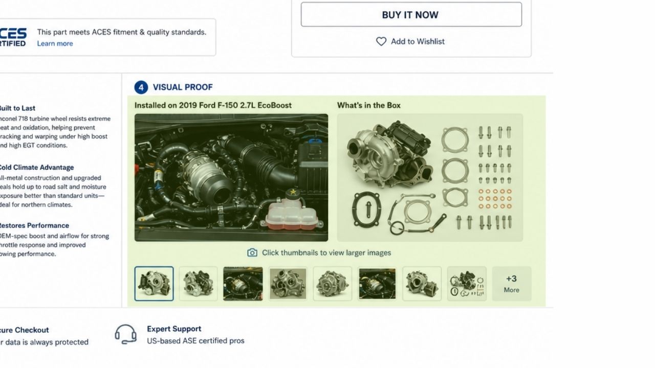 Automotive product page showing turbocharger installed on Ford F-150 engine and what’s included in the box with gaskets bolts and components