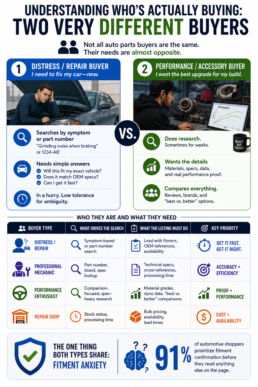 Infographic comparing repair and performance auto parts buyers, including search behavior, priorities, and listing requirements