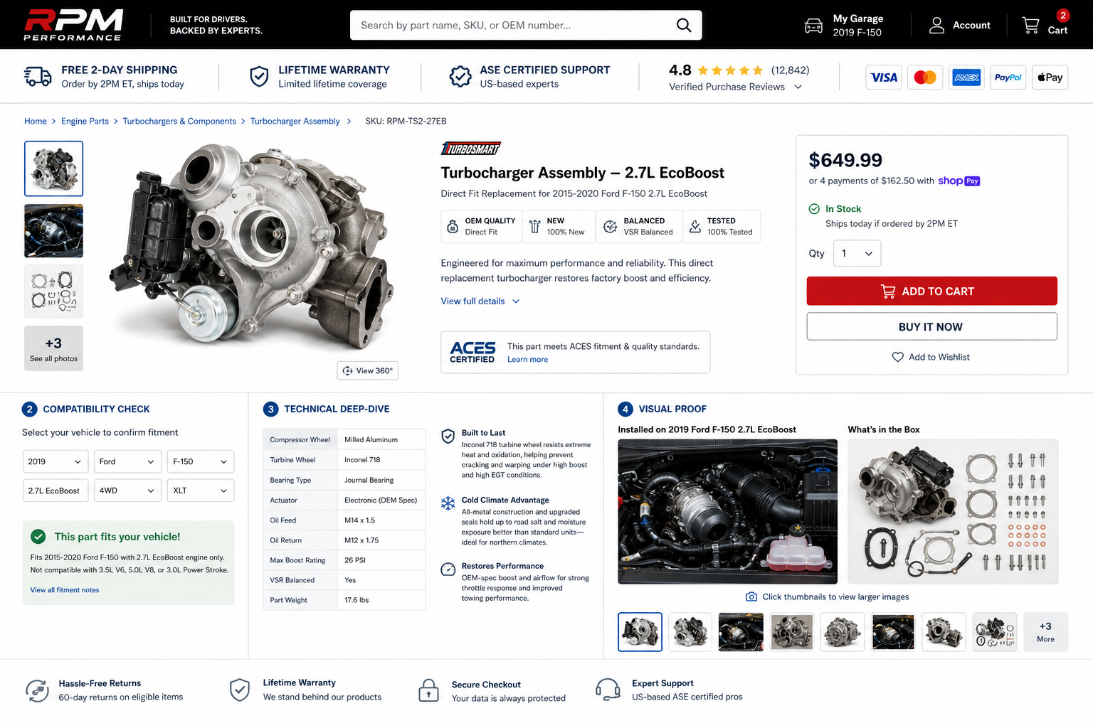 Automotive part listing page showing trust badges, compatibility selector for year make model, detailed technical specifications, and product images including installed view and what’s in the box