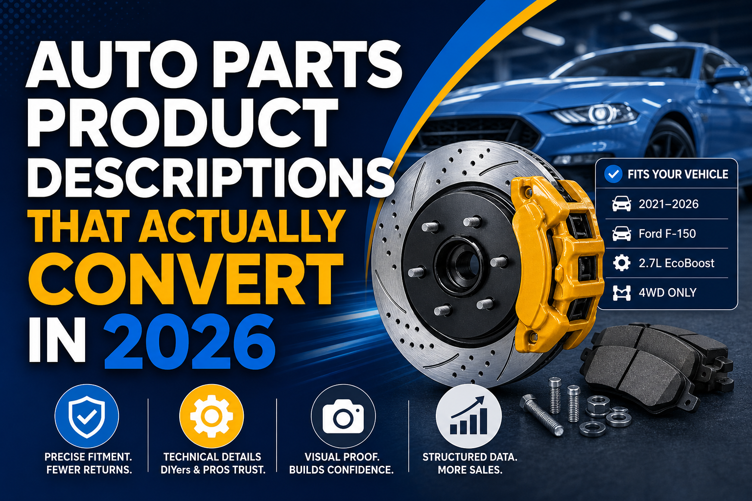 article thumbnail showing a brake rotor and pads with bold text ‘Auto Parts Listings That Actually Convert in 2026’ in blue and yellow branding.