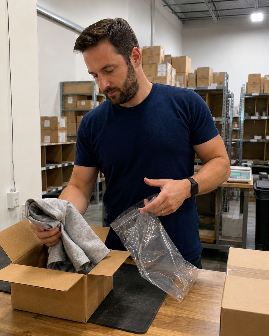 Warehouse staff inspecting a returned package before restocking