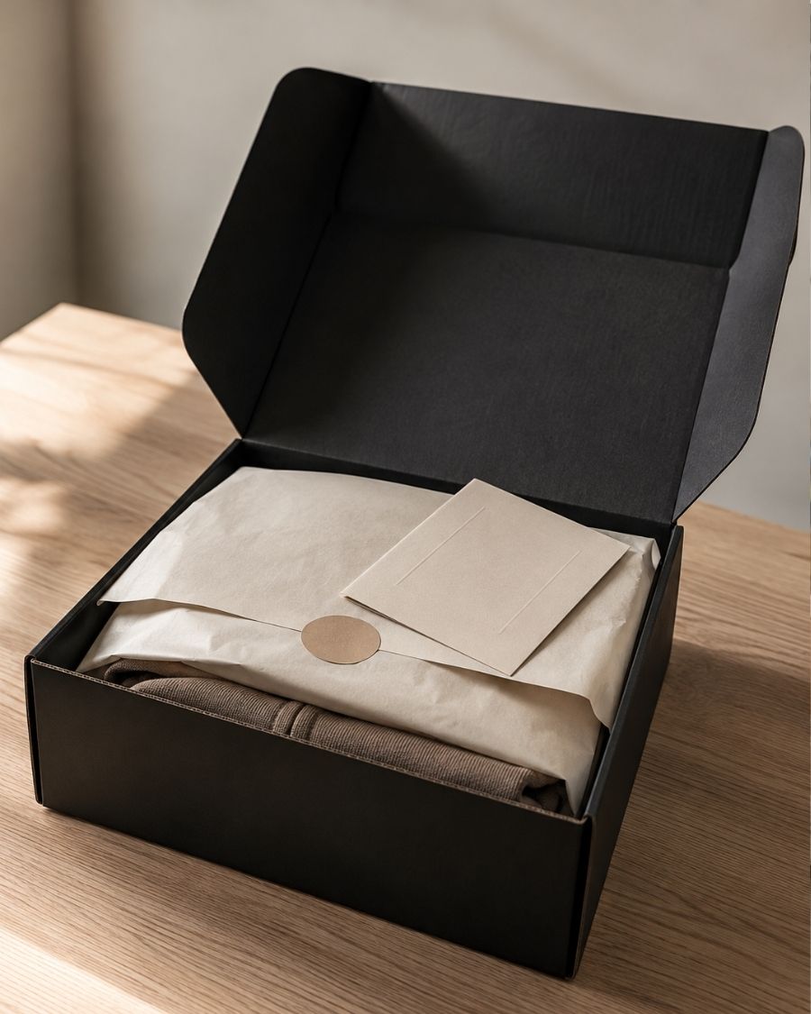 A real EFS client unboxing: an opened matte-black box with cream tissue paper, a kraft sticker seal, a thank-you insert card, and a folded apparel item