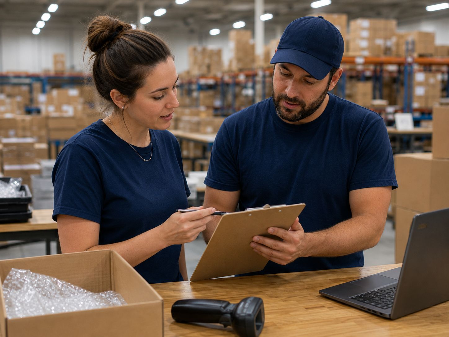 Warehouse team reviewing a returns policy checklist
